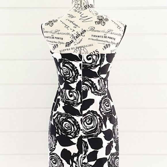 Strapless Black & White Sheath Dress With Roses S - Picture 7 of 9